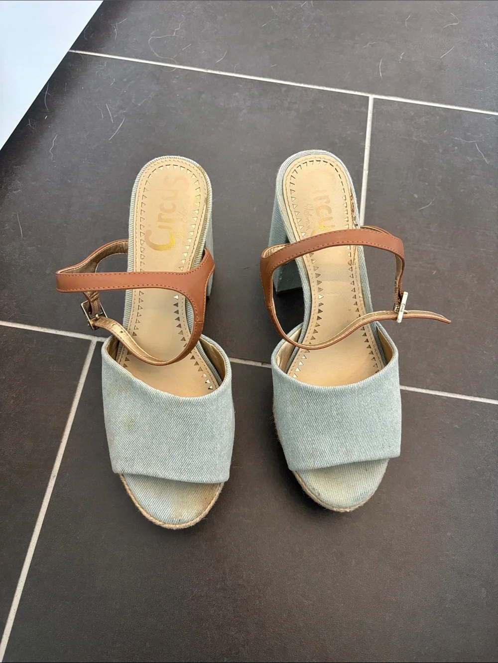 Women's denim Platform Sandal with Brown Strap